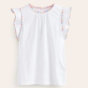 NWT - Boden Pom Trim Ruffle Sleeve Top White XL